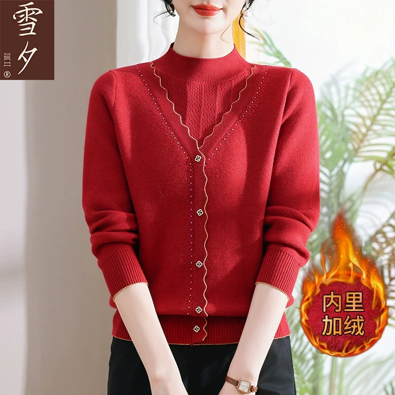 妈妈毛衣女红色冬季2025新款中老年女秋冬加绒打底针织上衣本命年