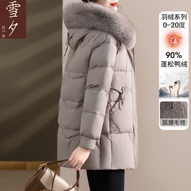 妈妈冬装真毛领羽绒服中长款保暖加厚白鸭绒衣服中老年女装冬季