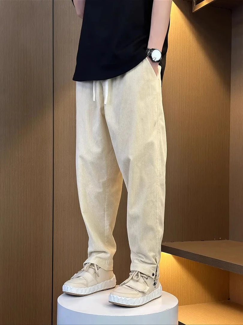 男士秋季水洗复古条纹休闲裤宽松脚口可调节时尚潮流百搭哈伦长裤