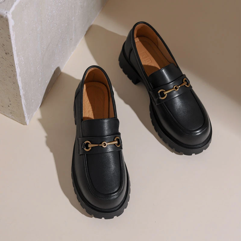 乐福鞋女真皮2024厚底增高一脚蹬通勤小皮鞋复古英伦风粗跟单鞋