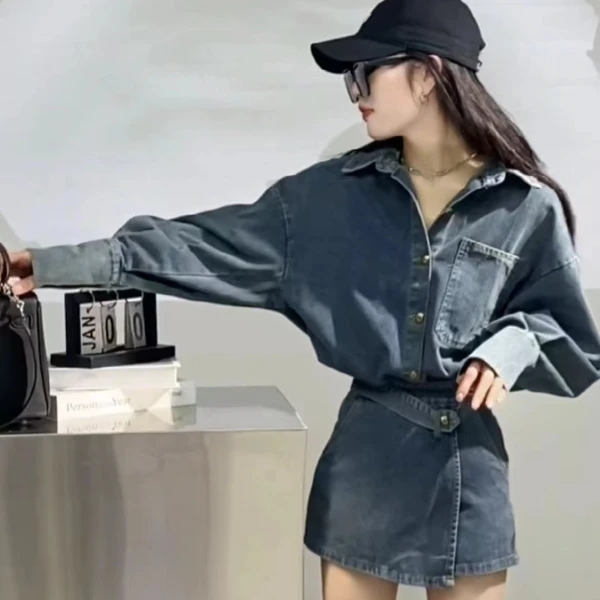 春装搭配一整套套装美式复古牛仔衬衫外套女秋季不规则裙裤两件套