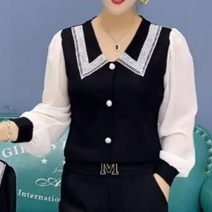 春秋薄款欧货时尚套头V领蕾丝拼接纽扣雪纺衫长袖打底衫上衣百搭