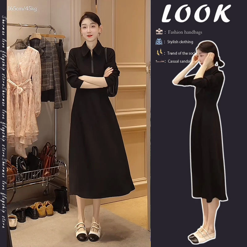 秋装女款爆款2024新款秋季轻熟风时尚洋气纯色减龄Polo领连衣裙女