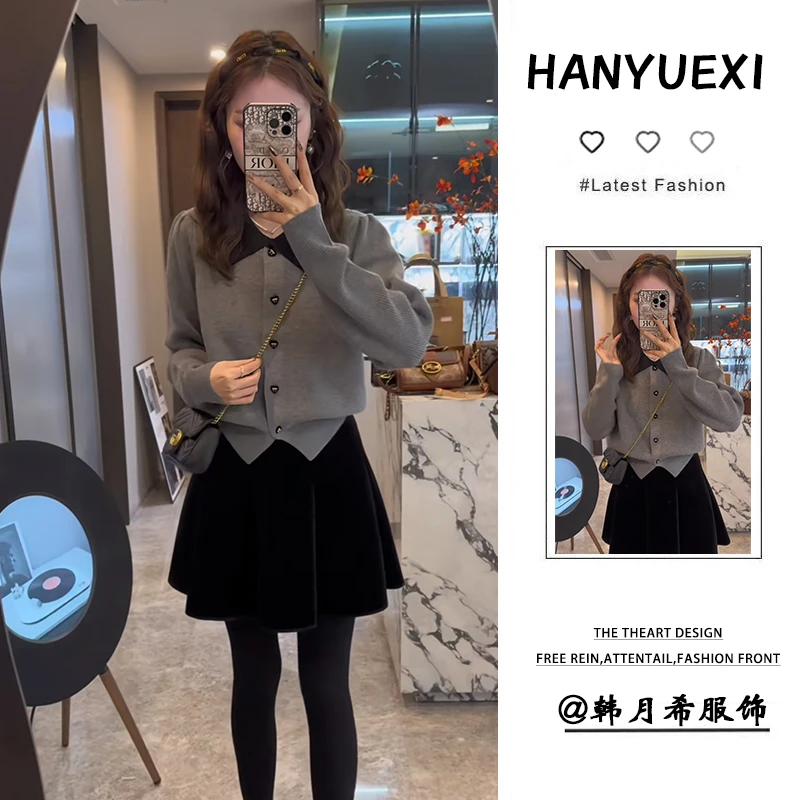 秋冬时尚穿搭一整套女2024新款韩版短款针织开衫高腰短裙两件套潮