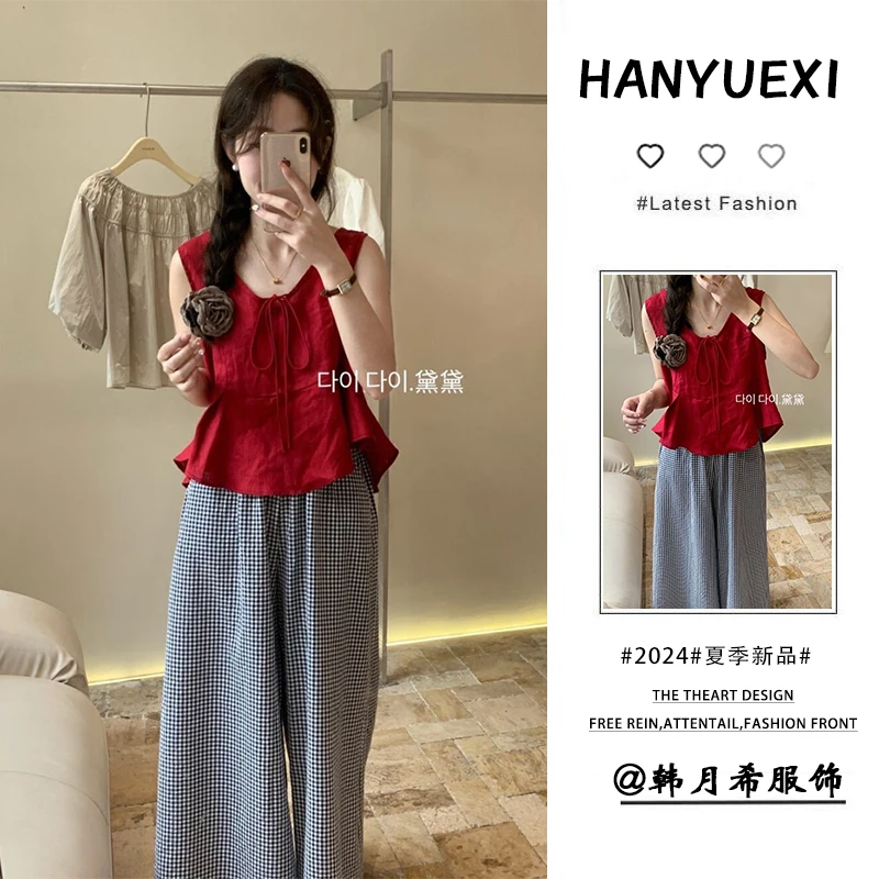 夏季穿搭一整套女2024新款法式红色无袖短袖百搭阔腿格子裤两件套