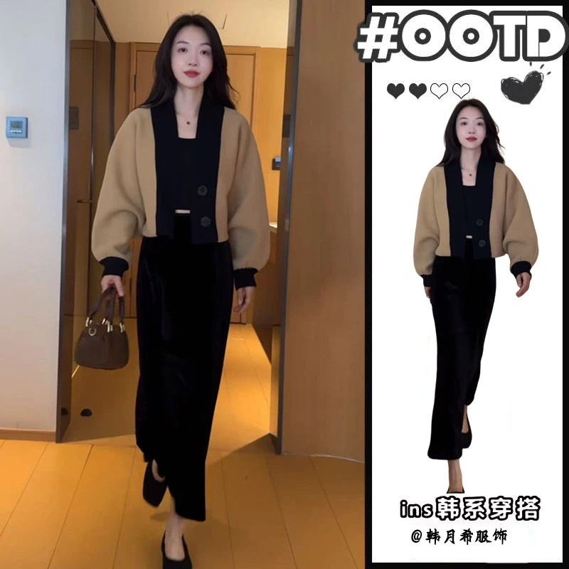 入秋一整套女装2024新款韩版慵懒风时尚百搭气质外套半身裙两件套