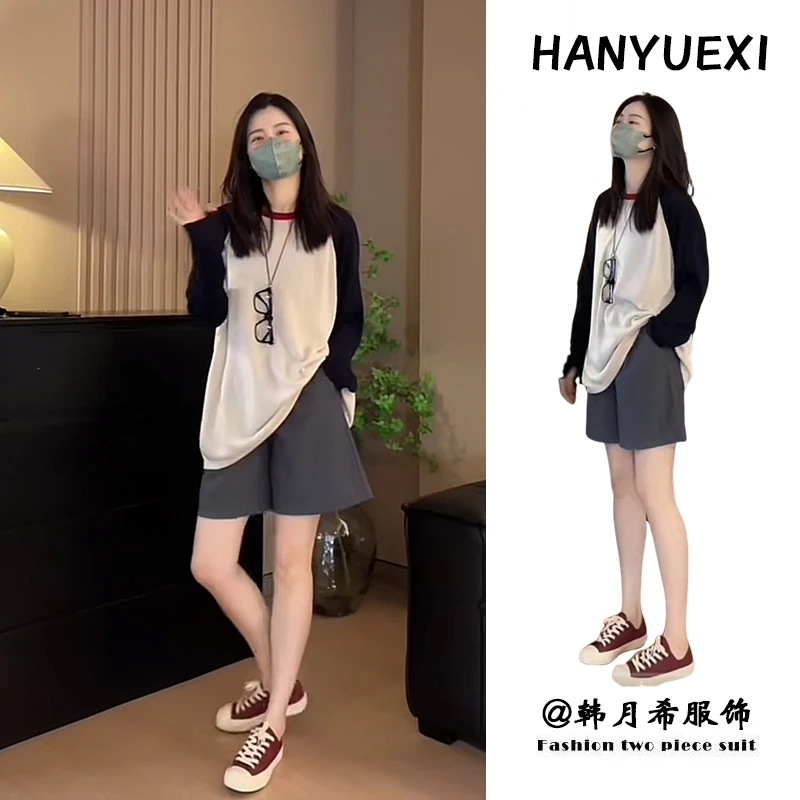 2024初秋穿搭一整套女新款高级感简约长袖上衣百搭休闲短裤两件套