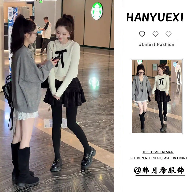 网红同款女装2024秋冬甜美钉珠蝴蝶结针织毛衣高腰百搭短裙两件套