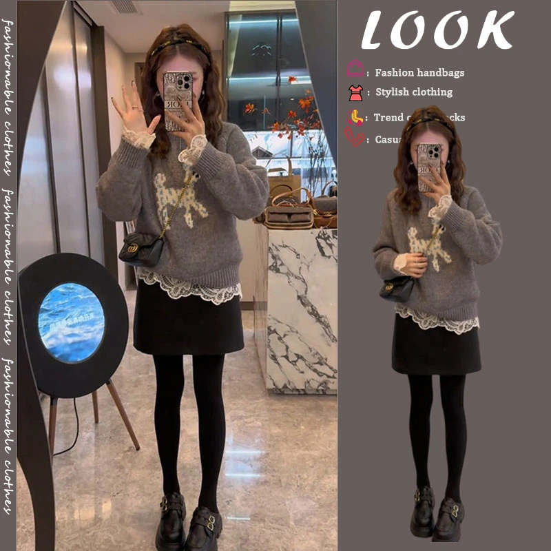 秋冬套装女2024新款爆款洋气设计感小狗提花毛衣百搭短裙两件套潮