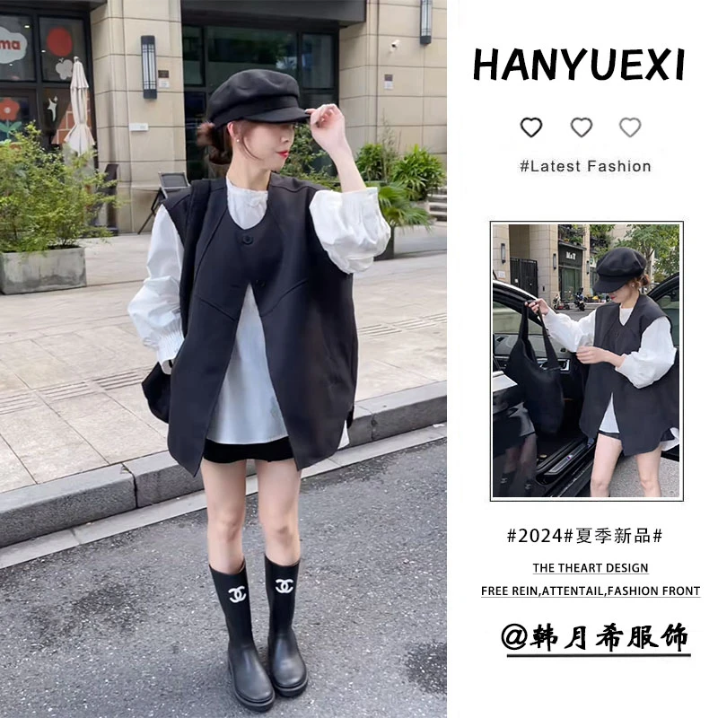 韩系穿搭一整套女2024新款宽松百搭长袖衬衫无袖马甲短裙三件套潮