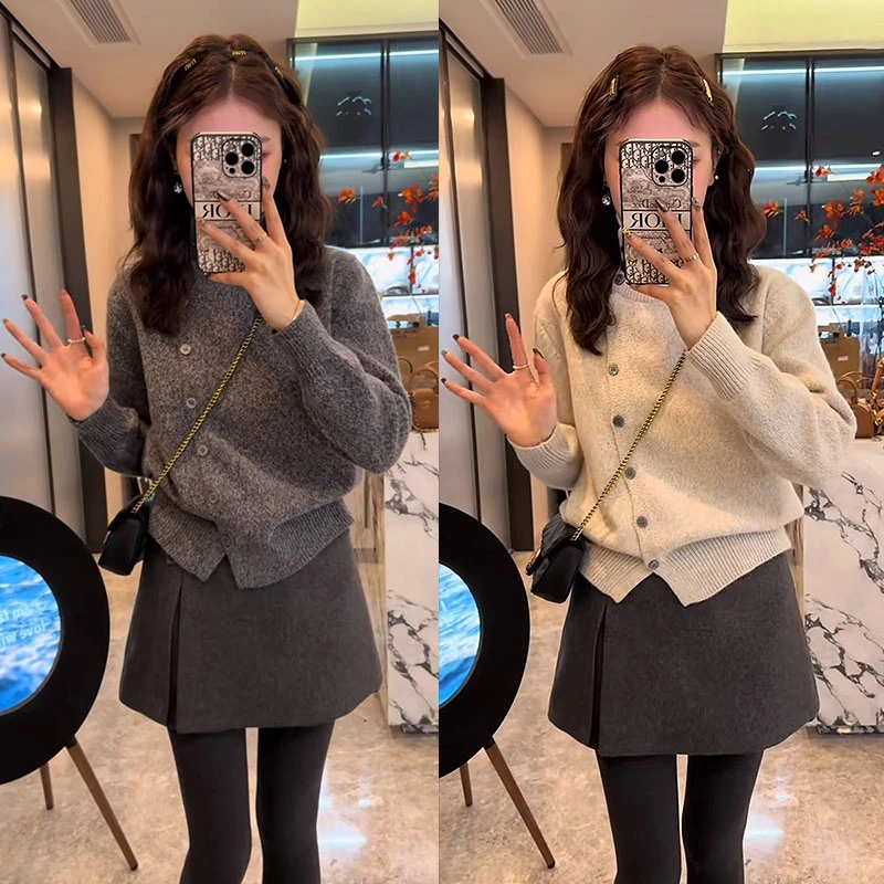 秋冬时尚一整套女装2025新款韩版不规则纽扣针织衫上衣短裙两件套