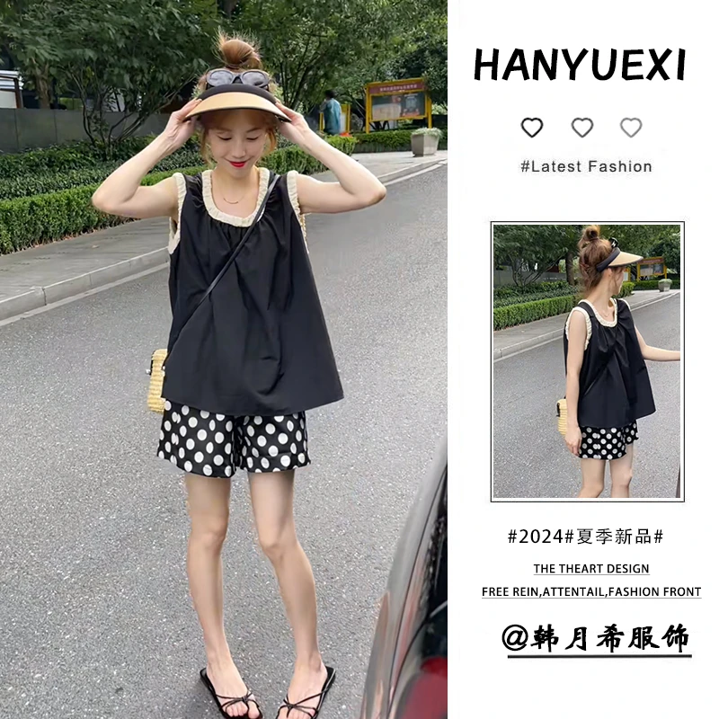 夏季穿搭一整套女2024新款韩版气质无袖上衣阔腿休闲短裤两件套装