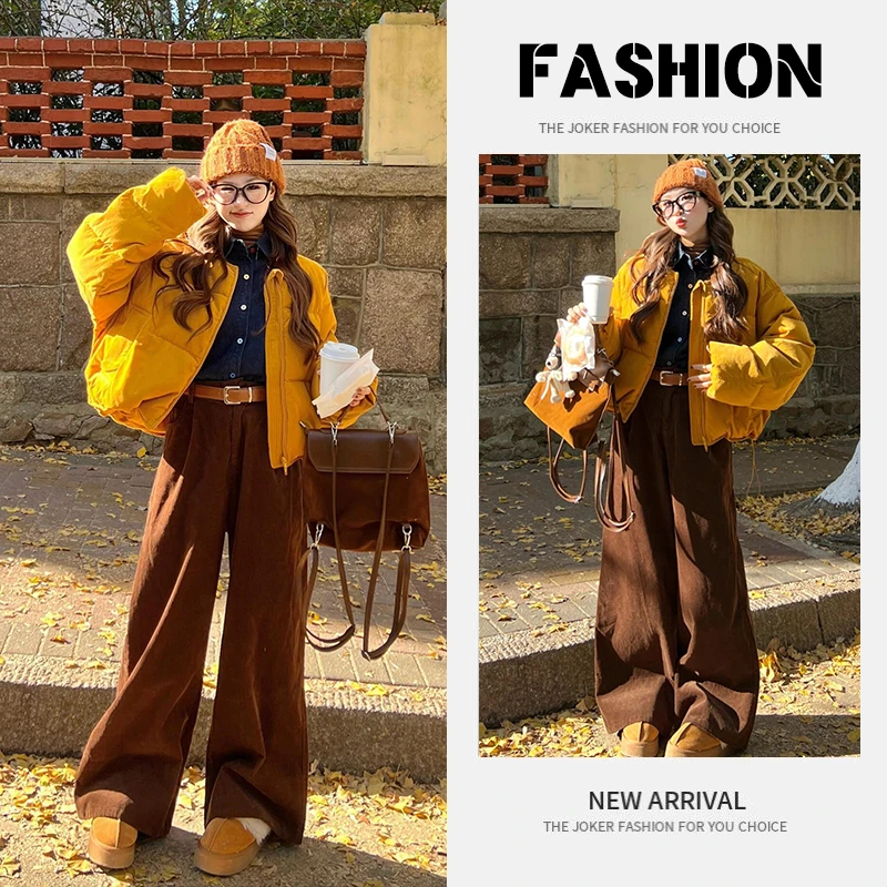 2024冬季美拉德穿搭一整套女新款韩版宽松保暖棉服阔腿裤两件套潮