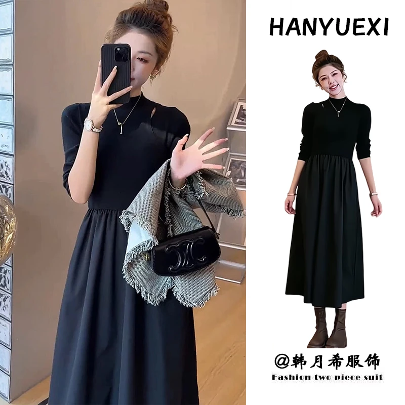 黑色针织连衣裙2024新款女赫本风配大衣收腰显瘦中长款内搭裙子潮