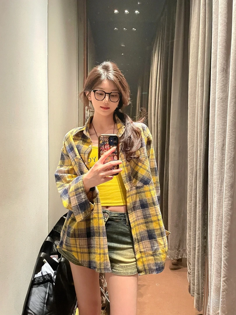 美式hiphop撞色格子长袖衬衫女春秋宽松oversize慵懒风百搭衬衣潮