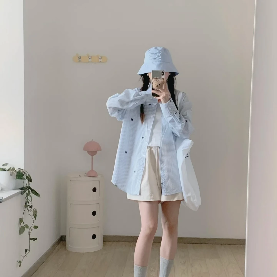 韩系气质条纹长袖衬衫女外搭春秋小众设计感宽松慵懒风防晒衫上衣