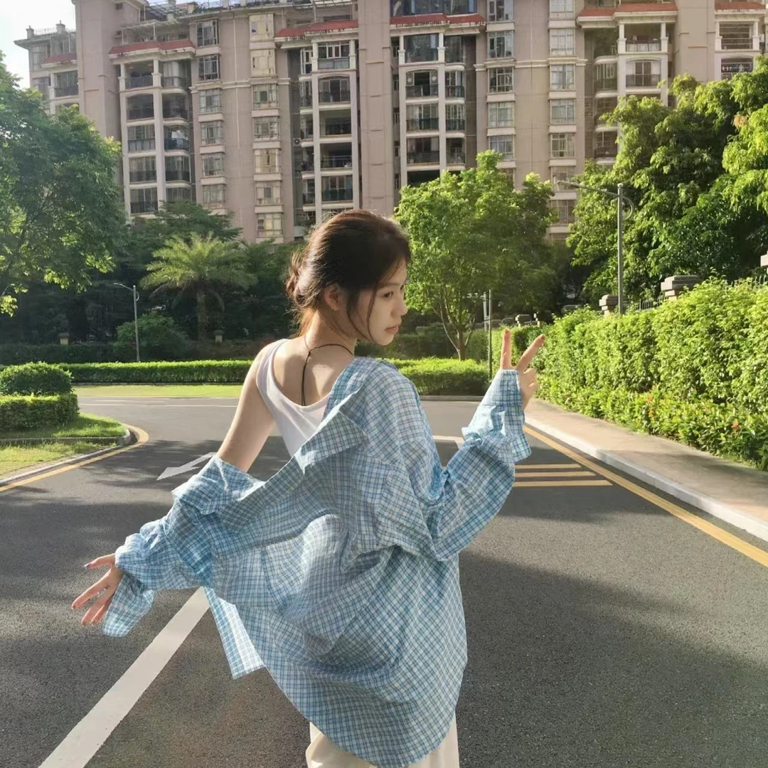 法式蓝色格子衬衫外套女秋季宽松显瘦百搭宽松休闲长袖POLO领上衣