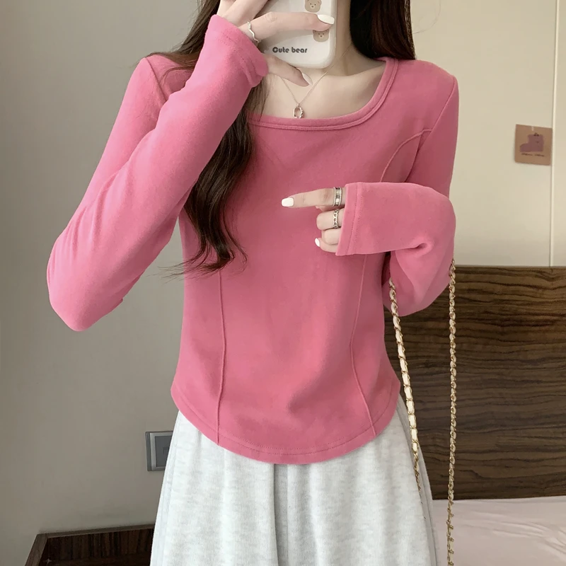 韩系鱼骨德绒打底衫女2023秋冬新款修身显瘦u型上衣长袖T恤保暖衫