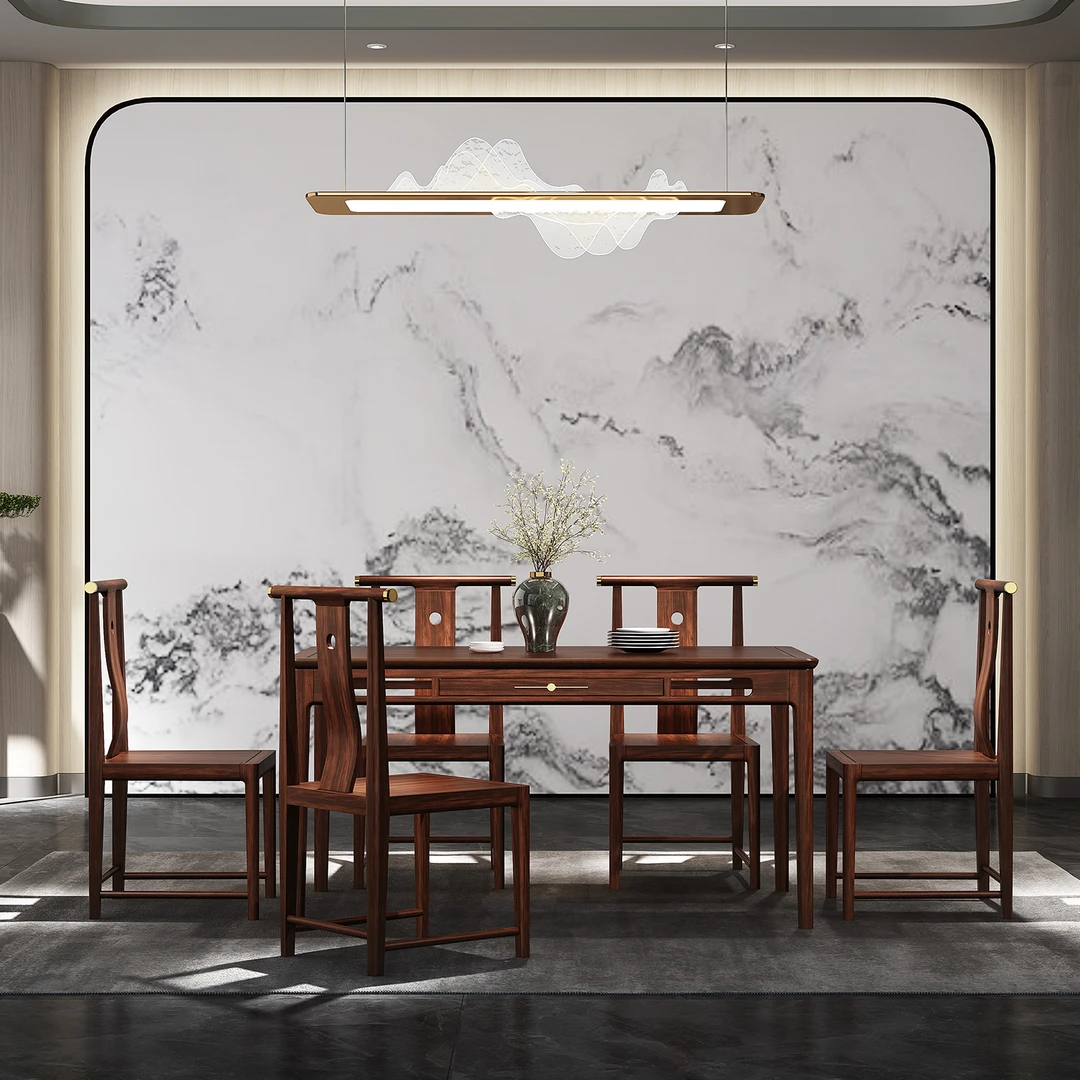 东篱新中式乌金木餐桌椅组合1.5m家用实木长方形现代中式餐厅家具