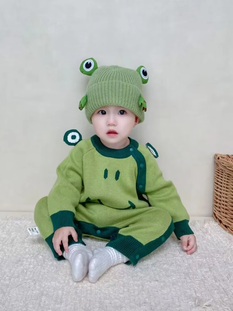 23新款秋季针织衣宝宝连体爬行服卡通青蛙可爱哈衣保暖精致连体衣
