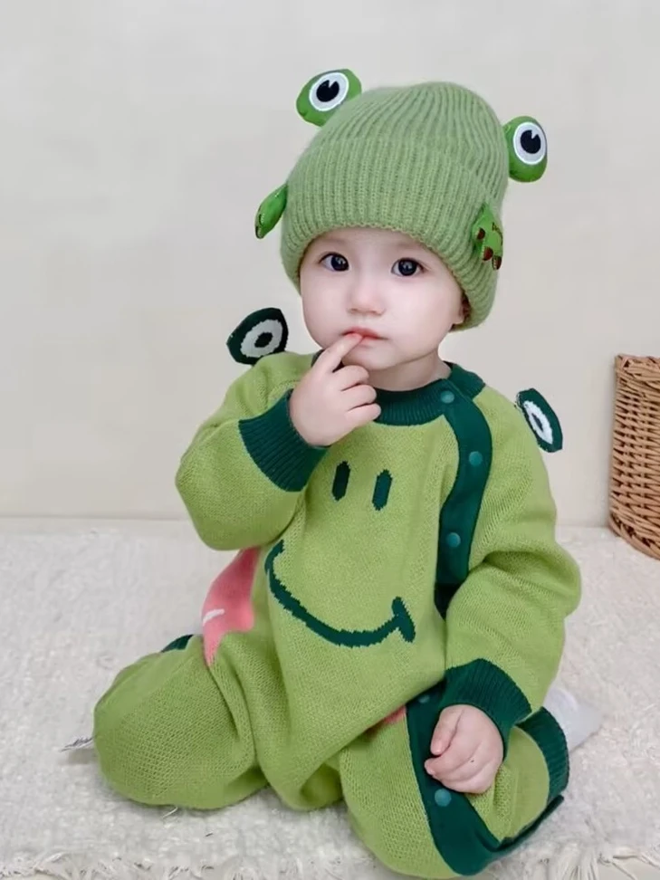 新款萌趣双层毛衣婴幼儿宝宝连体衣春秋针织新生儿男女宝爬服