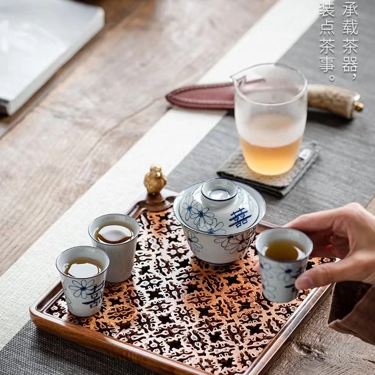 正方形喜鹊干泡台大号黑胡桃木创意搭配野生山核桃复古家用小茶台