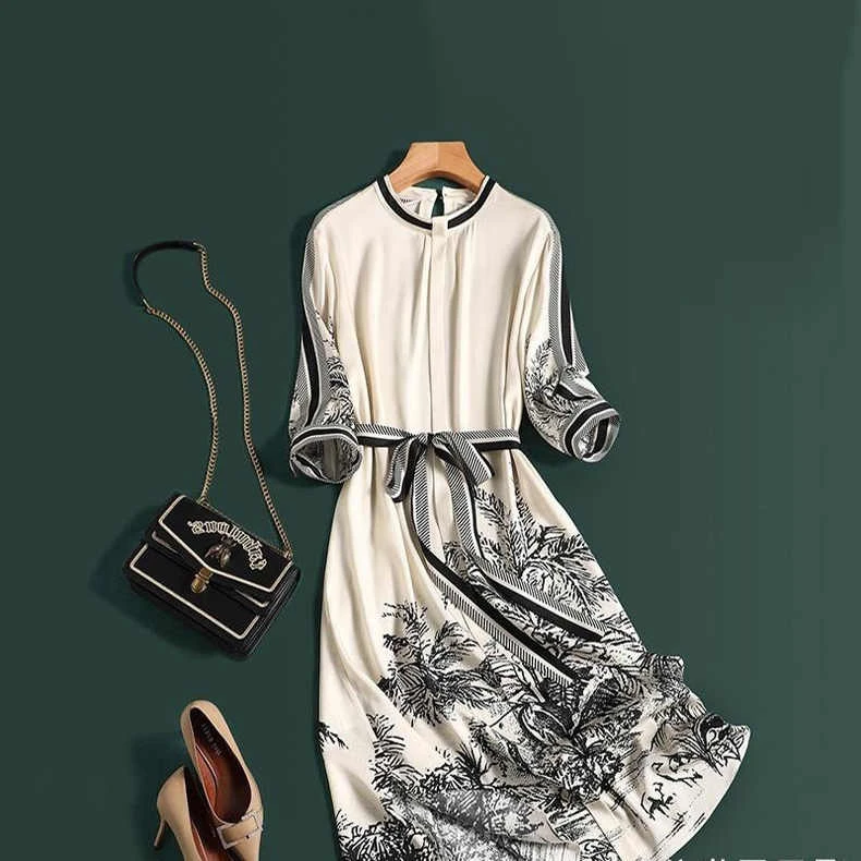 Q092夏季时尚宽松气质显瘦洋气连衣裙休闲印花中长款设计感长裙女