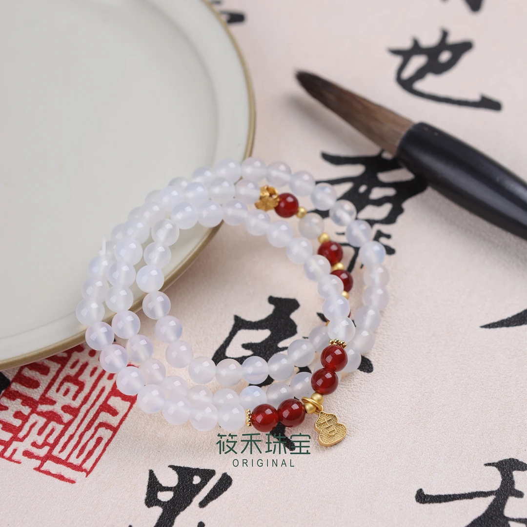 天然荔枝冻白玛瑙三圈6mm手串配红玛瑙手串手链长串三圈手串8841