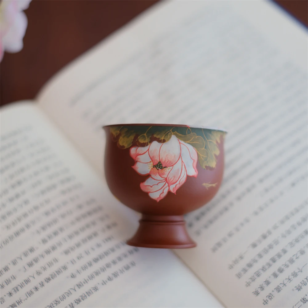 大碗茶器【夏荷】宜兴泥绘紫砂杯精工原矿小巧精致高足杯90cc