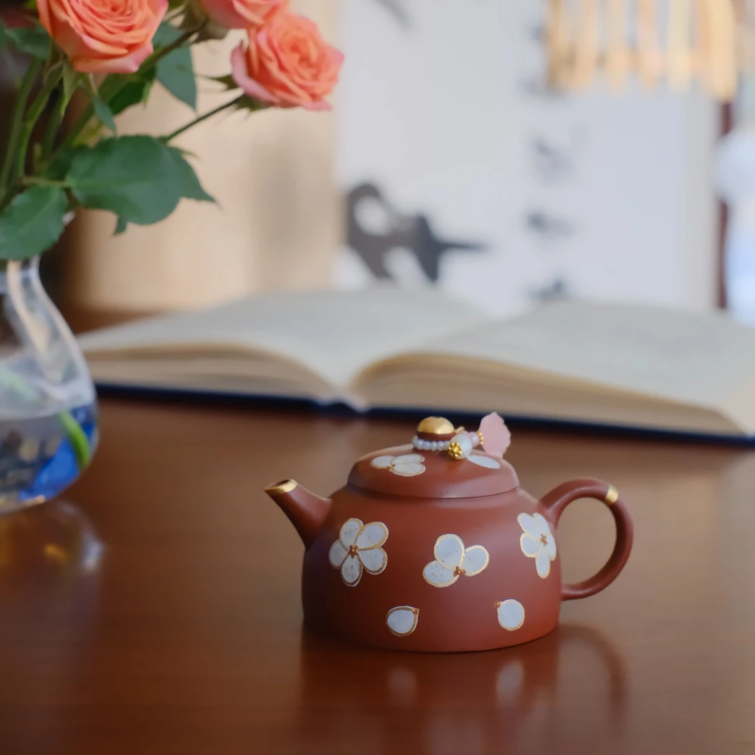 大碗茶器 【桃韵素锦】 白桃花德钟朱泥宜兴原矿泥绘紫砂壶100cc