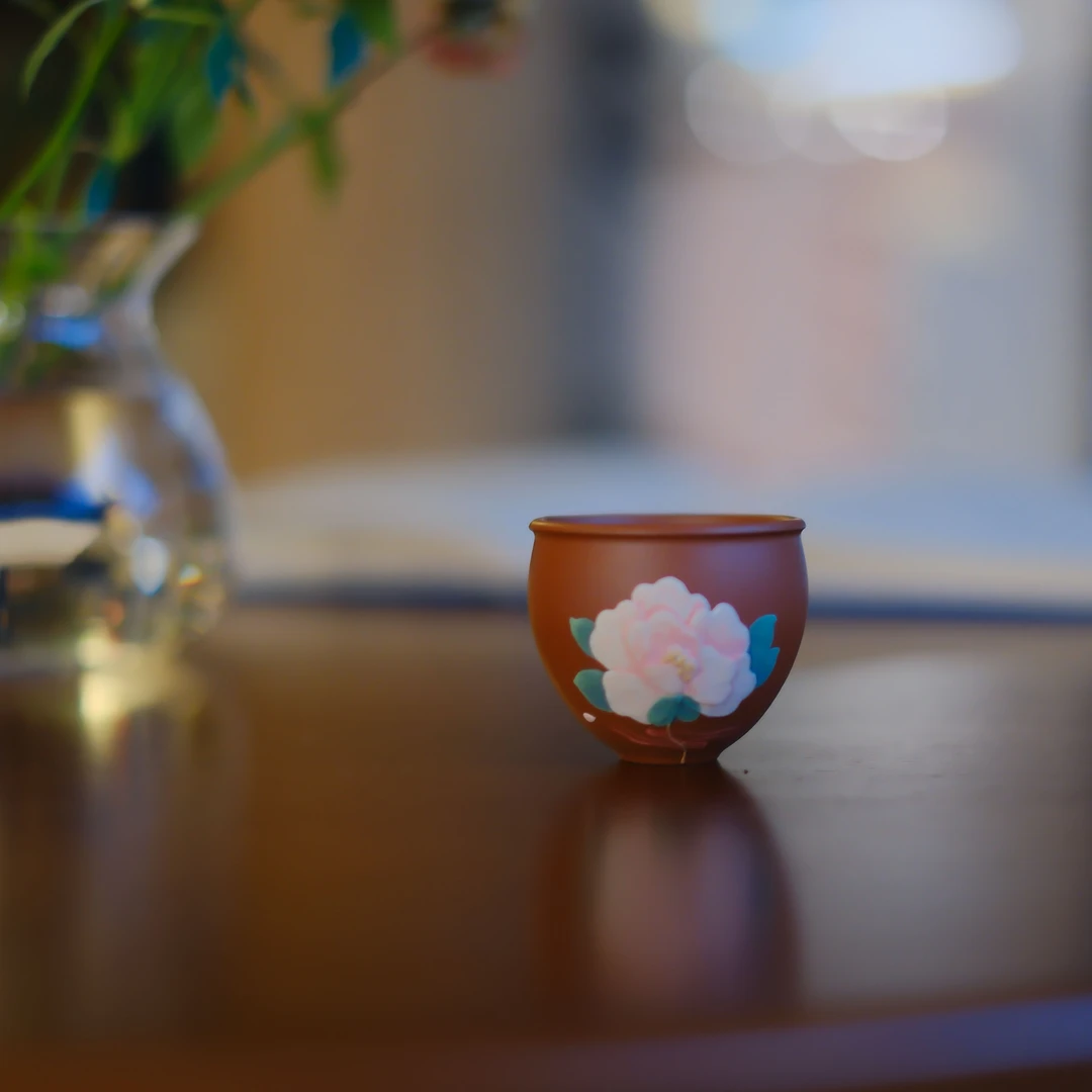 大碗茶器【婷婷牡丹】朱泥泥绘紫砂杯手工手绘原矿主人杯茶杯40ml