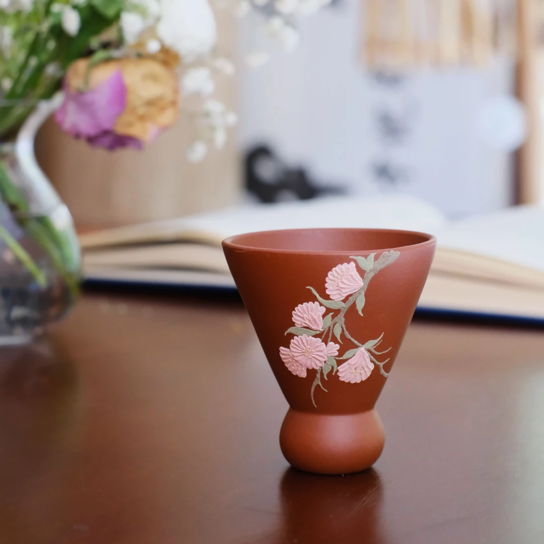 大碗茶器【云裳棠影·海棠花】羽毛球朱泥紫砂杯手工手绘制作50cc