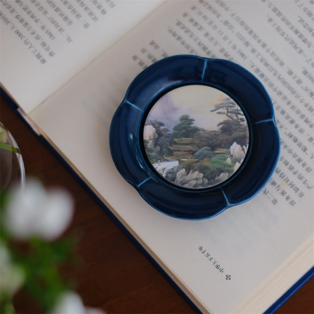 大碗茶器 深蓝色陶瓷杯垫宜兴泥绘精工高档家用国风茶道配件9*9