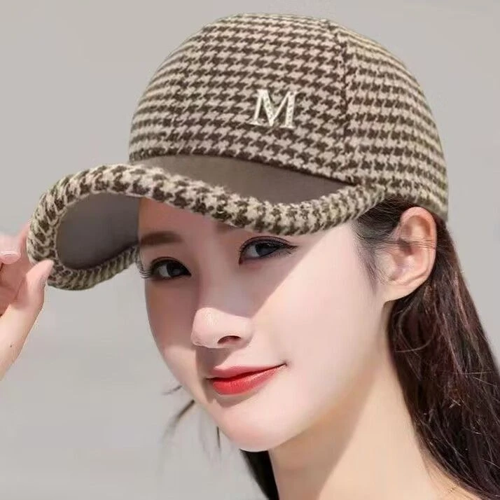 秋冬季毛呢时尚保暖英伦复古千鸟格休闲百搭弯檐鸭舌帽子女棒球帽