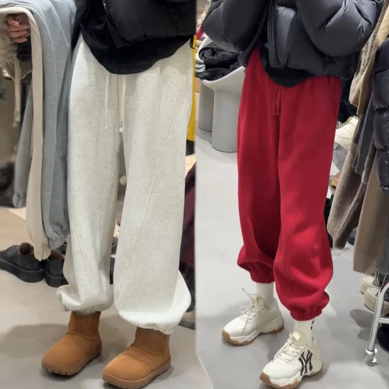 高档女裤子加绒加厚款卫裤女春款纯色抽绳高腰宽松束脚休闲阔腿裤