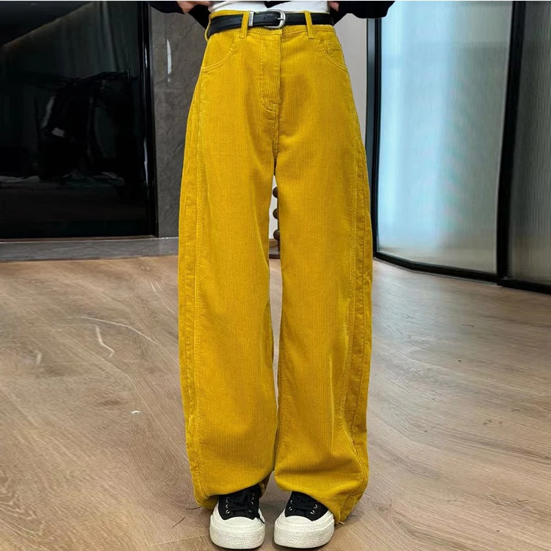 2024秋款窄版宽松弧形弯刀灯芯绒休闲裤直筒高腰阔腿裤纯色长裤子