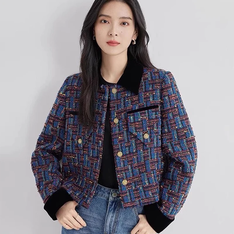 春秋新款宽松显瘦百搭气质名媛编制彩色粗花呢上衣女外套K627#