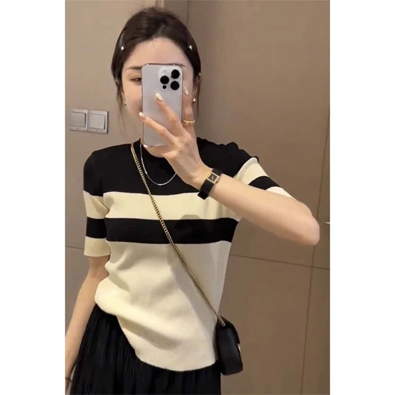 针织条纹短袖T恤女士春夏薄款轻奢高级感圆领打底衫拼色内搭上衣