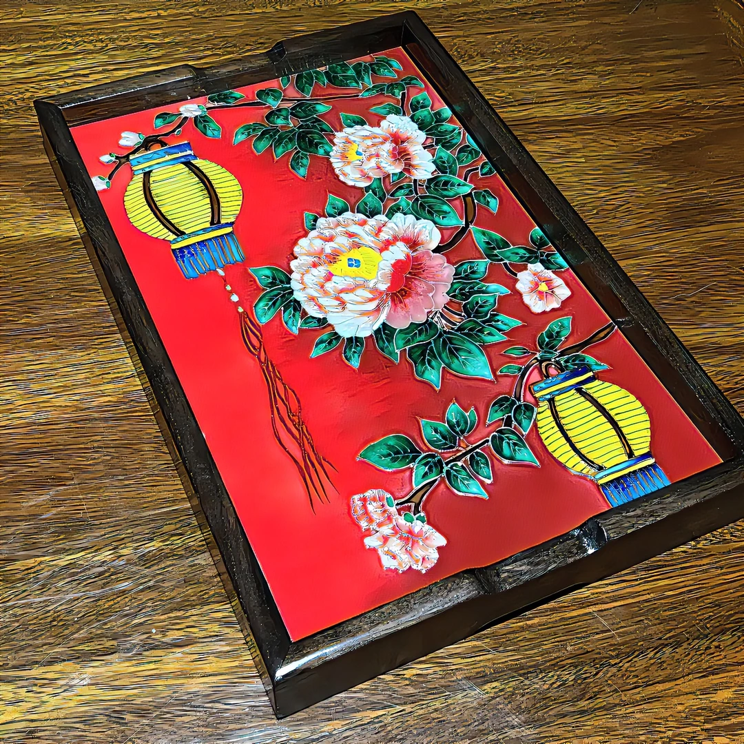 【粤薇】绿万花瓷板画茶盘收纳桌面摆件手工彩绘榆木榫卯结构28.43