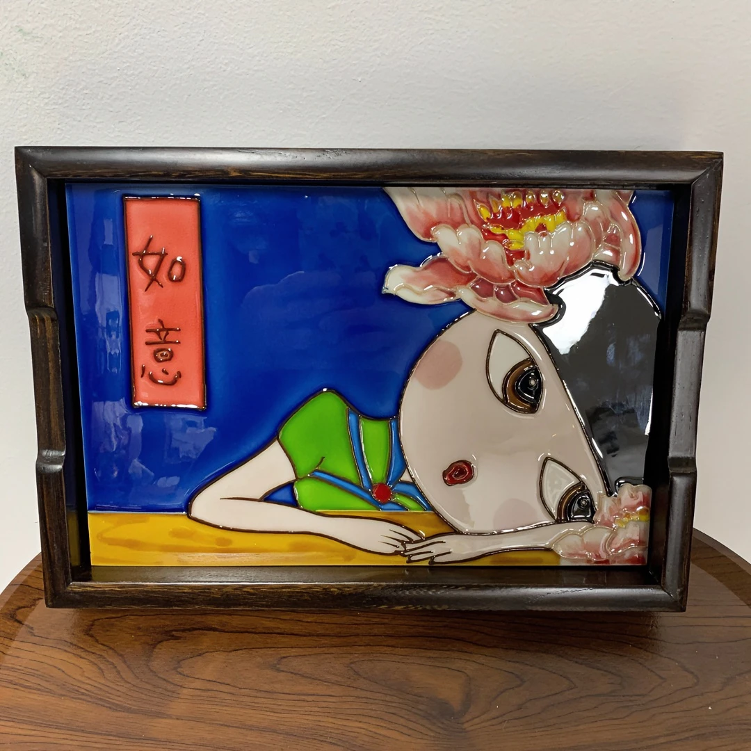 【粤薇】如意瓷板画茶盘收纳桌面摆件手工彩绘榆木榫卯结构客厅