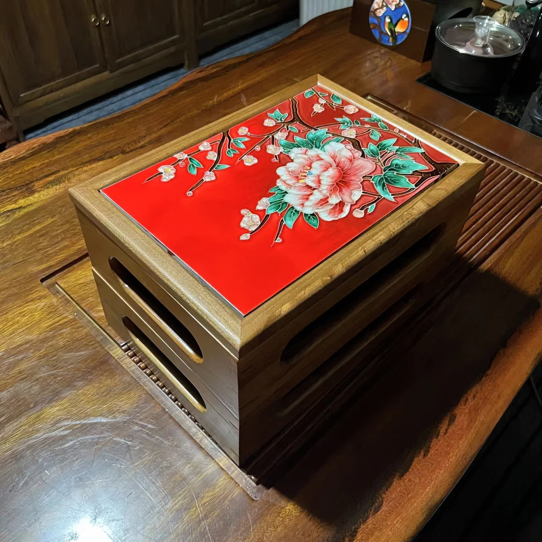 【粤薇】玲珑多宝盒长方形新中式文创榆木瓷板画方形陶瓷收纳摆件