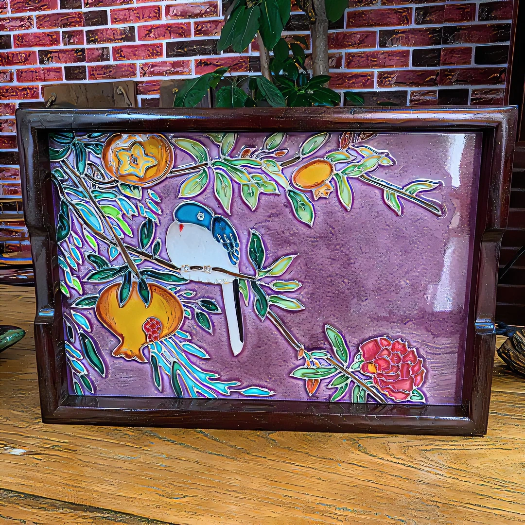 【粤薇】紫色事事如意瓷板画茶盘--23*33家庭收纳摆件手工彩绘榆木