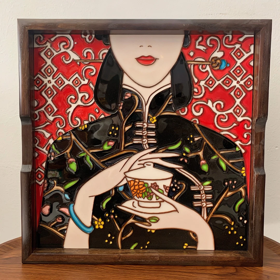 【 粤薇】大嫂子瓷板画茶盘--33*33收纳桌面摆件手工彩绘榆木
