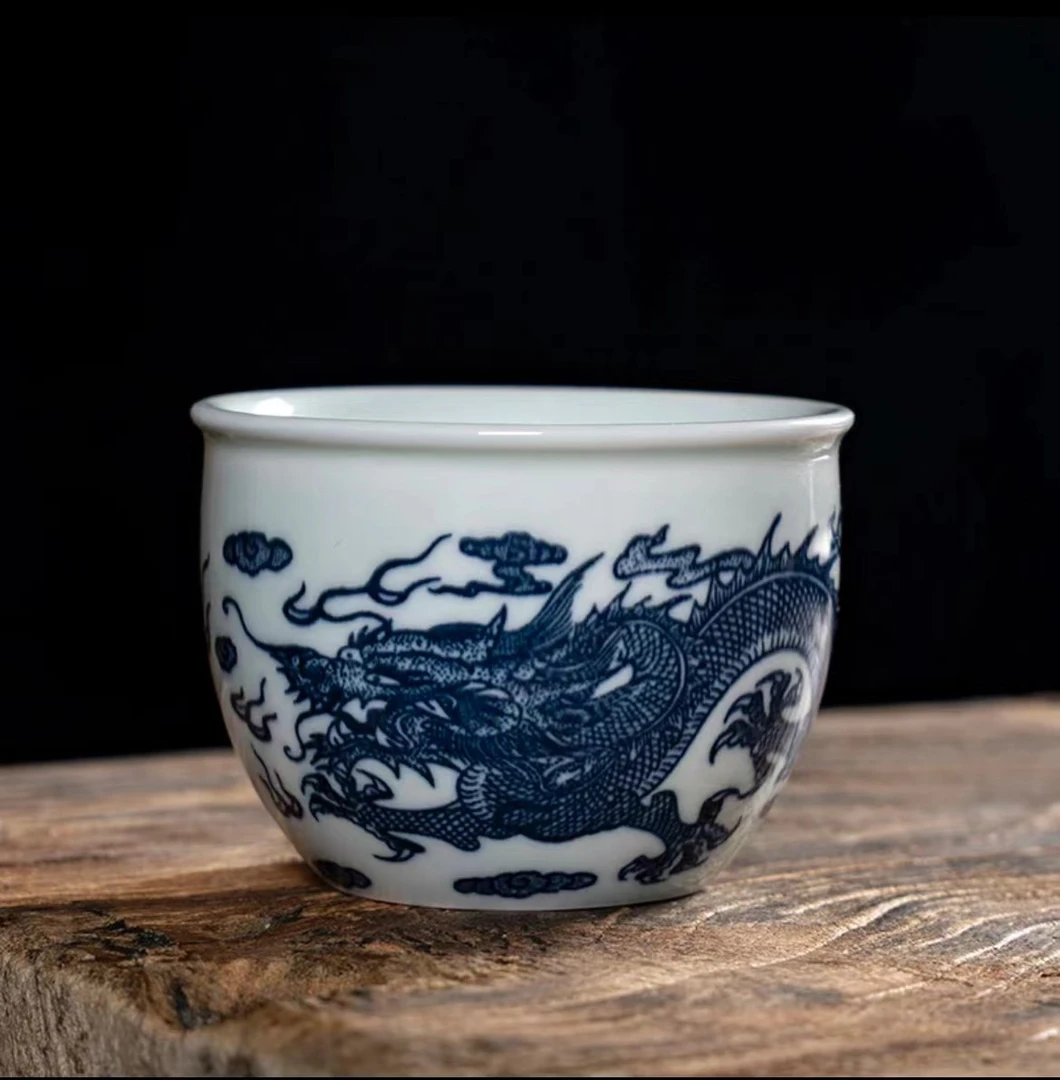仿古青花茶杯兰亭序主人杯茶杯中式祥龙杯功夫茶具手绘品茗杯茶盏