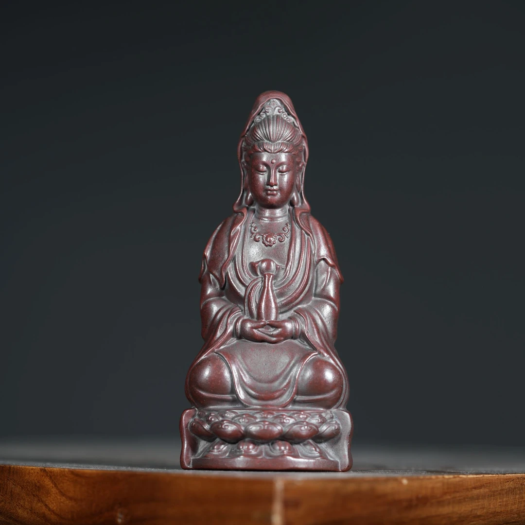 宜兴原矿高温石红料雕塑《观音》像紫砂手工茶宠茶玩茶道摆件