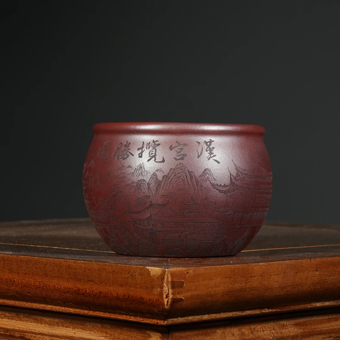 宜兴原矿龙山古乌泥书法刻绘汉宫揽胜图紫砂手工主人杯容量200CC