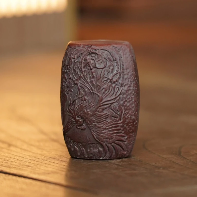 宜兴原矿石红料盖置刻绘龙凤呈祥手工紫砂茶宠茶玩茶道摆件