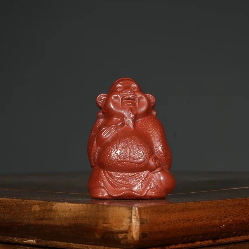 宜兴原矿朱泥大红袍雕塑如意财神紫砂陶瓷手工茶宠茶玩茶道摆件