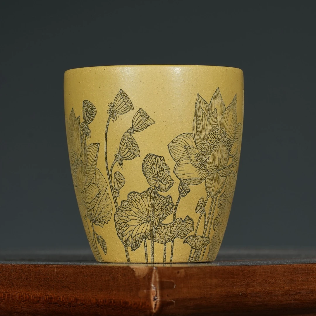 宜兴原矿黄金段泥书法刻绘好运连连紫砂手工主人杯容量150CC