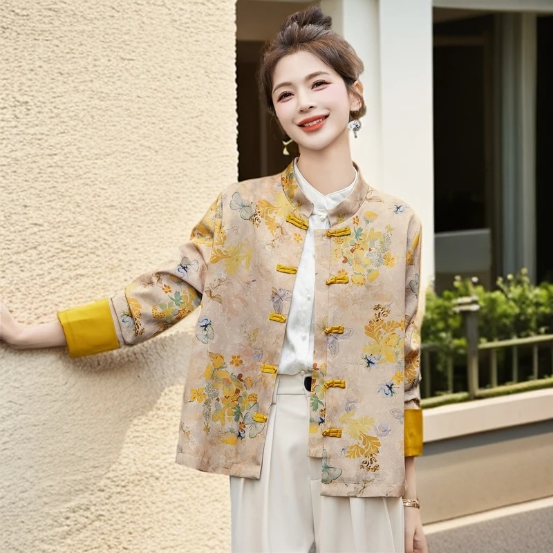 复古国风新中式盘扣外套女别致黄色提花宋锦唐装上衣2024新款秋冬